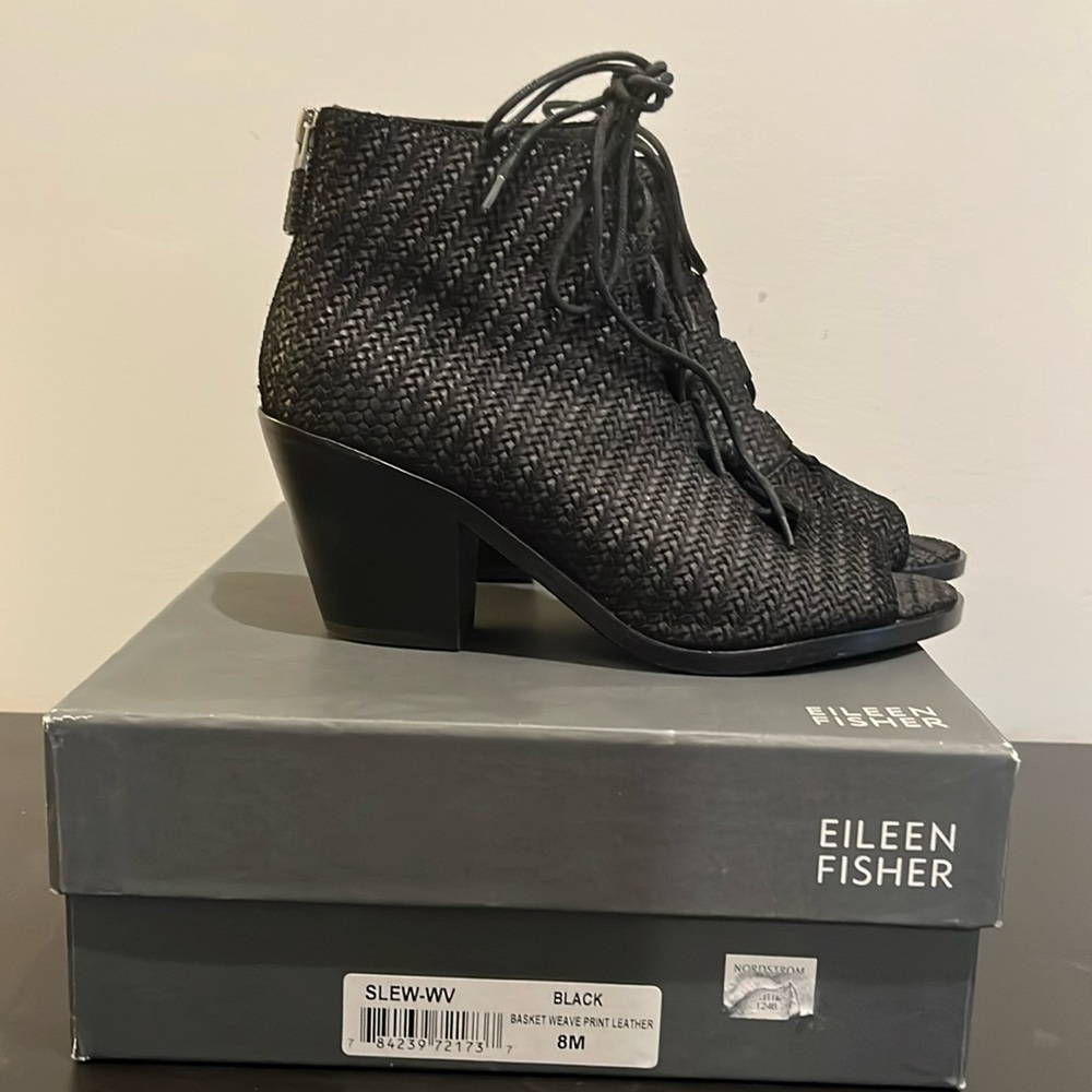 Eileen Fisher Womens Blk Basket Weave Ankle Booties Size 8 With Back Zipper